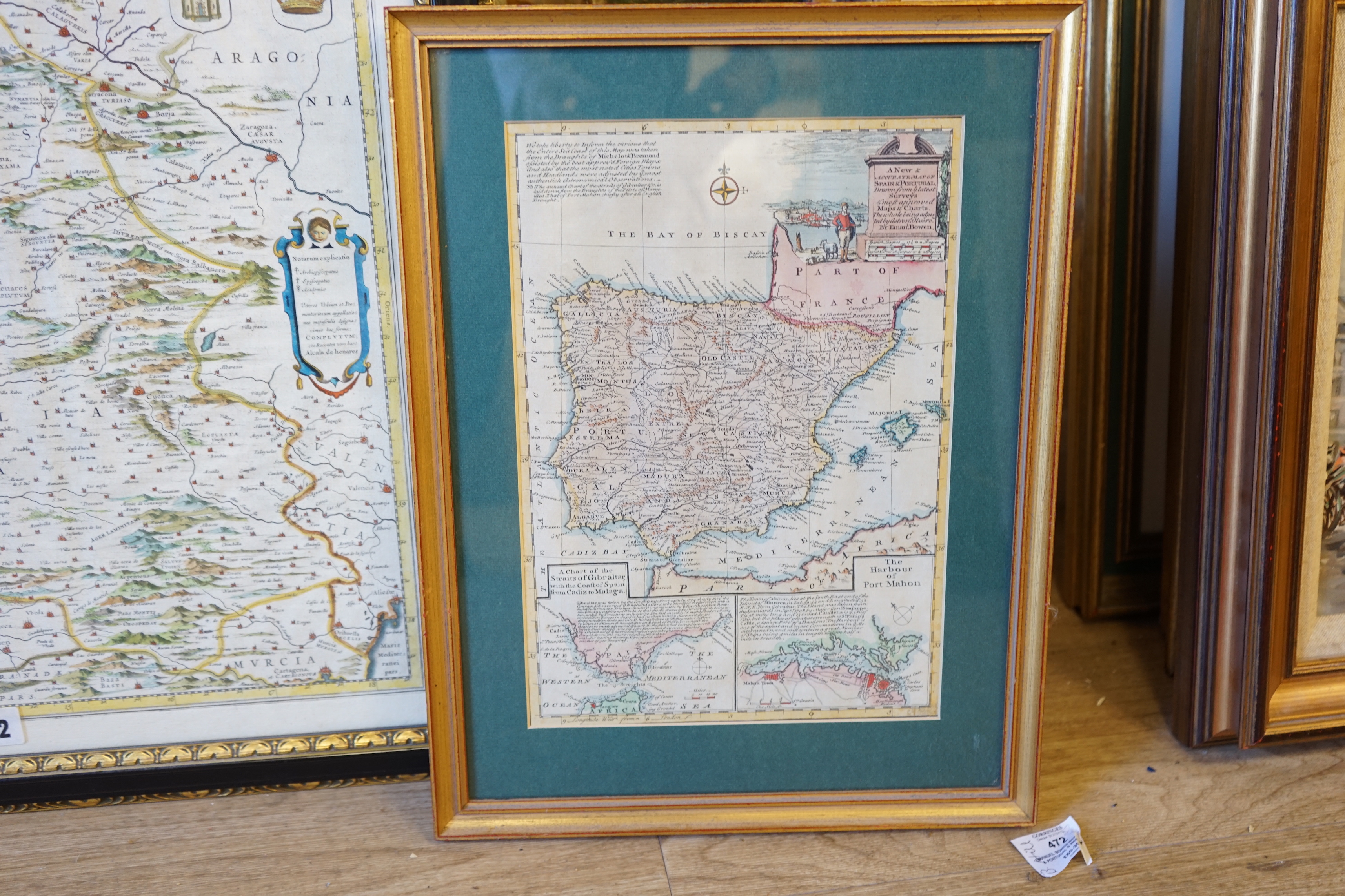 Two antique hand coloured maps comprising Spain and Portugal by Emanuel Bowen and Castilia by Willem Blaeu, largest 46 x 54cm